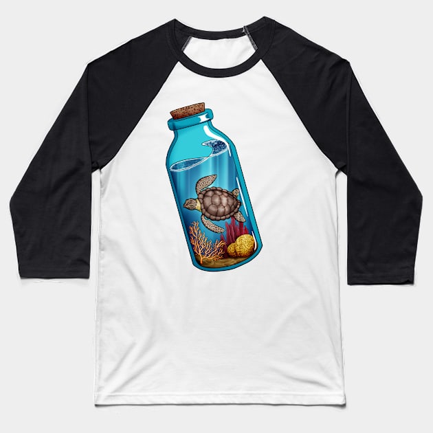 Sea Turtle Bottle Baseball T-Shirt by Gwenpai